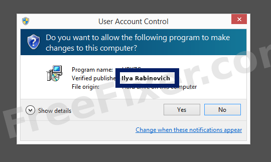 Screenshot where Ilya Rabinovich appears as the verified publisher in the UAC dialog
